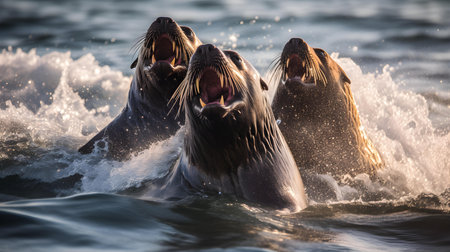 Group of sea lions fighting in the ocean. California, United States.の素材