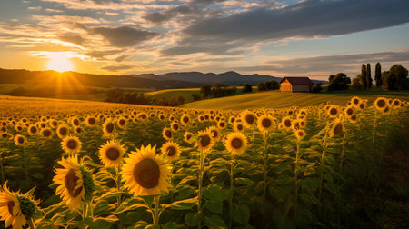 Sunflower field in Tuscany, Italy. Rural landscape at sunset.の素材