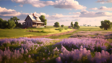 Lavender field with a farm house in the background, 3d renderの素材