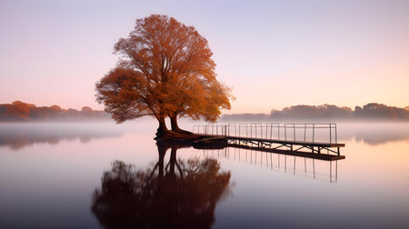 Tree on the lake at sunrise with a wooden bridge in the backgroundの素材