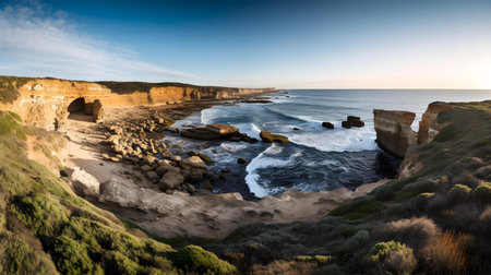 Panoramic view of the twelve apostles at sunset, Great Ocean Road, Australiaの素材