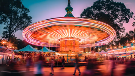 Merry-go-round in amusement park at night, motion blurの素材