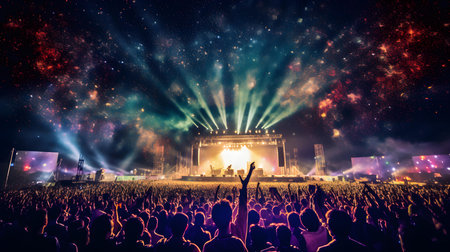 Crowd at concert with raised hands and fireworks in the night skyの素材