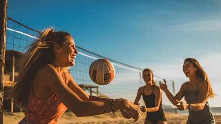 Group of young women playing beach volleyball on the beach at sunset.の素材