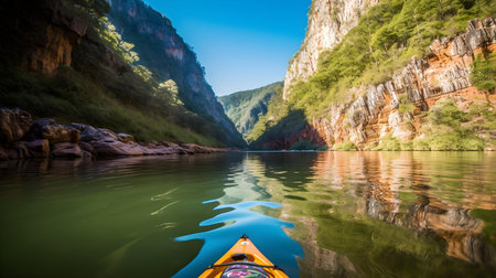 Kayak on the river in the mountains. Beautiful nature landscape.の素材
