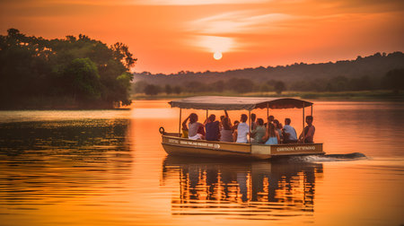 Tourist boat on the river at sunset, Ubonratchathani, Thailandの素材
