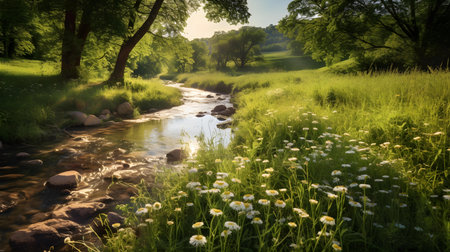 Beautiful summer landscape with river and meadow with daisiesの素材