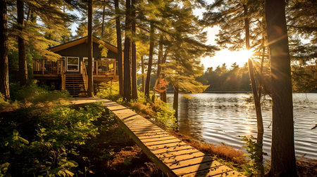 Wooden cottage on the lake in the forest at sunset time.の素材