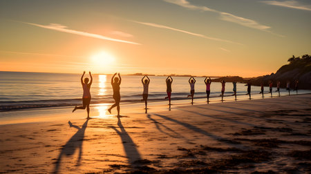 Silhouettes of people practicing yoga on the beach at sunset.の素材