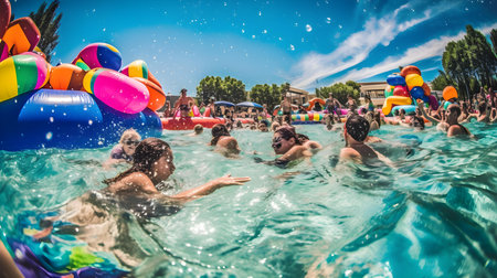 People having fun in swimming pool on hot summer day. Kids swim and have fun in outdoor water park. Family vacation and travel concept.の素材