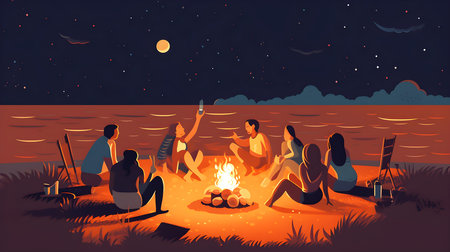 People sitting by bonfire in the evening. Vector illustration in flat styleの素材