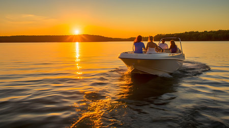 Young couple in a boat on a lake at sunset or sunrise.の素材
