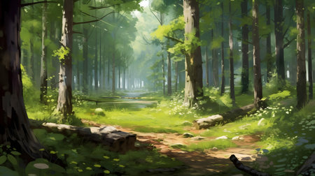Digital painting of a green forest with a path in the middle.の素材