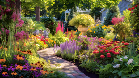 Flower garden with colorful flowers in summer. Beautiful landscaping.の素材