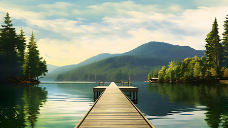 Wooden pier on a lake in the mountains. 3d renderingの素材