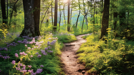 beautiful summer forest landscape with path and purple rhododendron flowersの素材