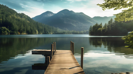 Wooden jetty on the lake in the mountains. Landscape of mountain lake.の素材