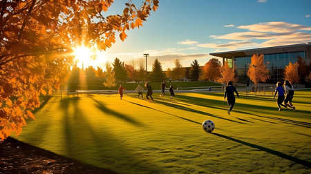 Soccer players on the grass of a soccer field during sunset.の素材