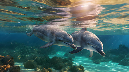 Dolphins swimming in the sea. 3D rendering. sea lifeの素材