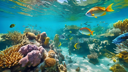 Underwater view of tropical coral reef with fish and marine life.の素材