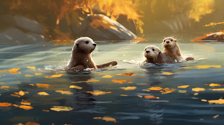 Two cute otters swimming in the water, 3d render illustrationの素材