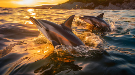 Dolphins jumping out of the water at sunset. Dolphins in the ocean.の素材