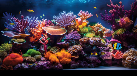 Underwater scene with colorful corals and tropical fish in aquarium.の素材