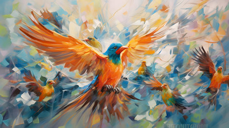 Colorful bird in flight. Watercolor painting. Illustration.の素材