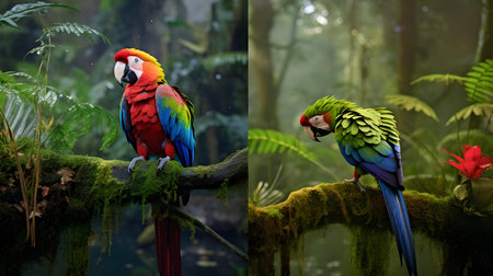 Beautiful parrots in the tropical forest. Wildlife scene from nature.の素材