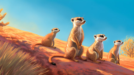 Group of meerkats on the sand. 3D illustration.の素材