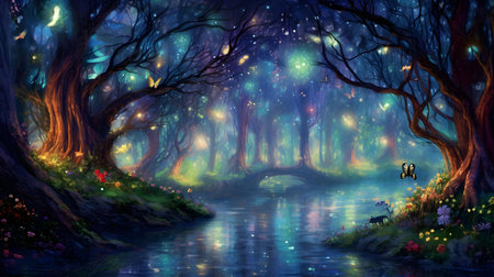Fantasy night landscape with magical forest and lake. Digital painting.の素材