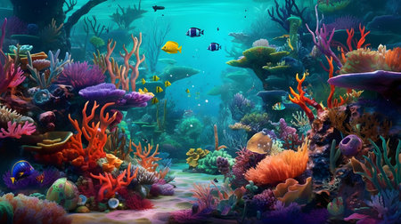 Underwater world. Colorful coral reef and fish. 3d illustrationの素材