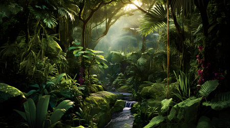 Beautiful tropical rainforest with waterfall and plants. 3d renderingの素材