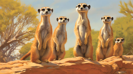 Group of meerkats in the desert. 3D illustration.の素材
