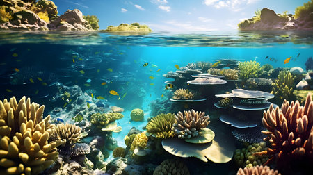 Underwater view of tropical coral reef with fish. 3d renderingの素材