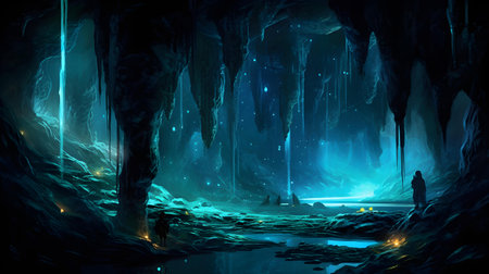 Fantasy landscape of dark cave with glowing neon light. 3D renderingの素材