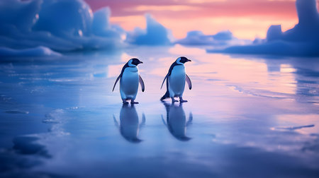 Penguins on the ice floe at sunset in Antarctica.の素材