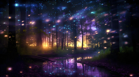 Fantasy night forest with river and fog. 3D rendering.の素材
