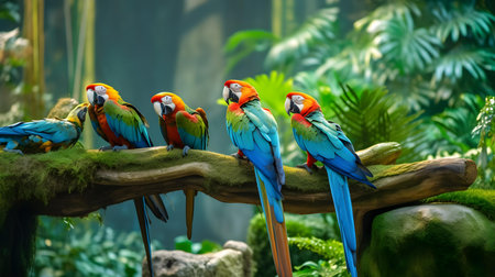 Colorful macaws sitting on a branch in a tropical garden.の素材