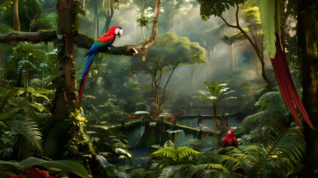 Beautiful parrot in the jungle,3d rendering. Computer digital drawing.の素材