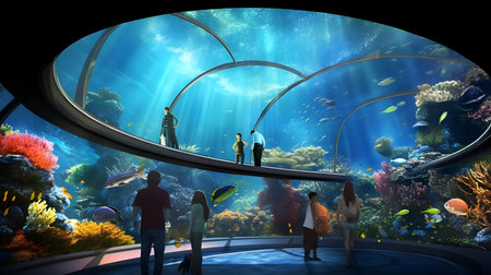 Underwater world with people watching the fish. 3D rendering.の素材