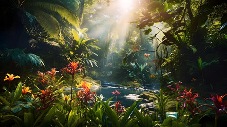 Beautiful tropical rainforest with a river in the morning light.の素材