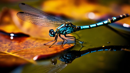 Macro of a blue dragonfly on a leaf in the waterの素材