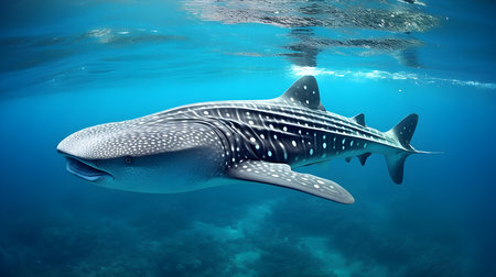 Whale shark swimming in the blue water of the Indian Ocean.の素材