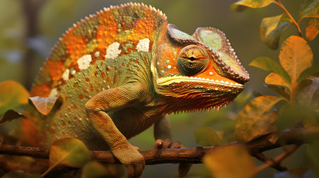 Close up of a chameleon on a branch in the forestの素材