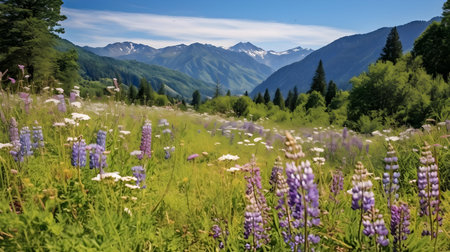 Mountain meadow with lupine flowers and mountains in the backgroundの素材