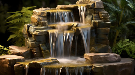Waterfall in the garden. Selective focus. Shallow depth of field.の素材
