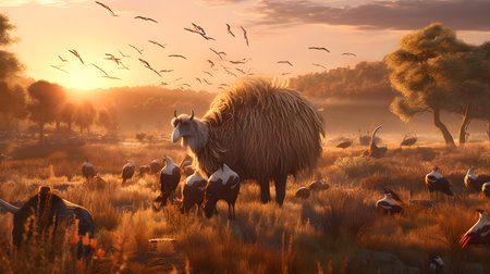 Sheep and lambs in the meadow at sunset. 3d renderingの素材