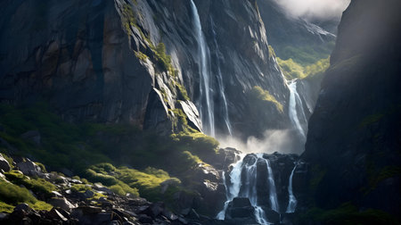 Mountain landscape with waterfall and fog in the valley, Norway.の素材