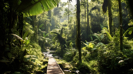 Wooden walkway in the rainforest of Bali island, Indonesiaの素材